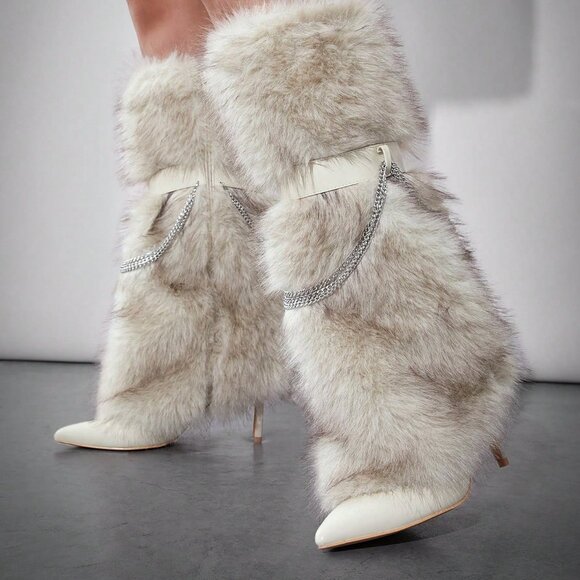 Beige Cute Women's chain Decor faux fur Pointy Heeled Knee-High Boots - Picture 6 of 6
